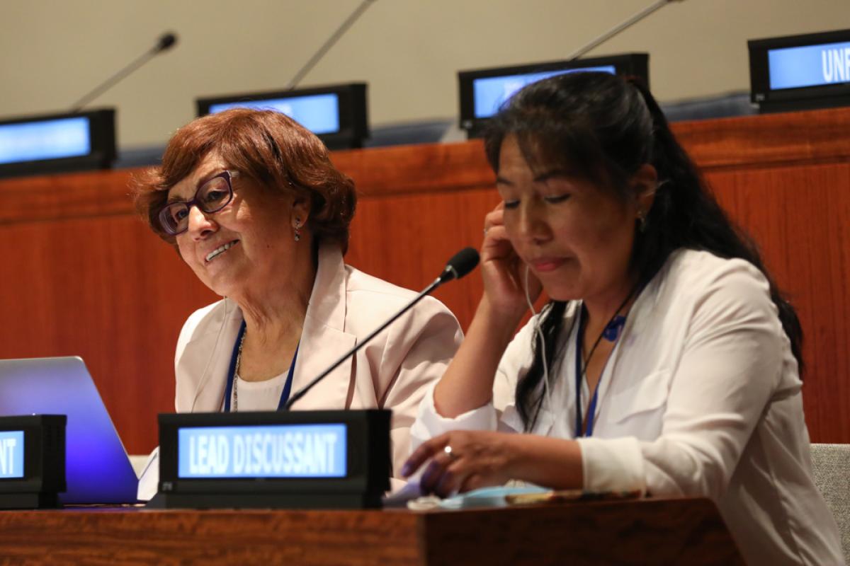 Two women sitting behind microphones at the United Nations, waiting to deliver interventions.