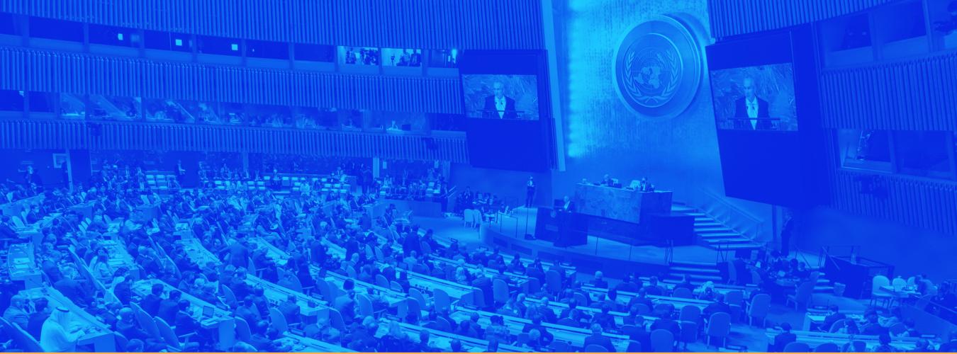 Photo of the UN headquarters inside the plenary. The photo has a blue overlay.
